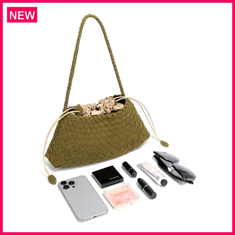 Suede Woven Hobo Tote Bag, 12.6" Capacity, PU Leather Shoulder Purse - Picture 7 of 8